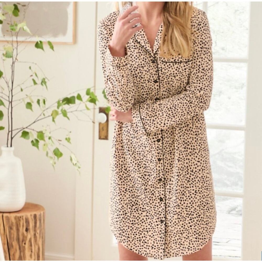 Garnet Hill Wildwood Knit Gown Sleep Button Front XL Spotted Print Org Cotton